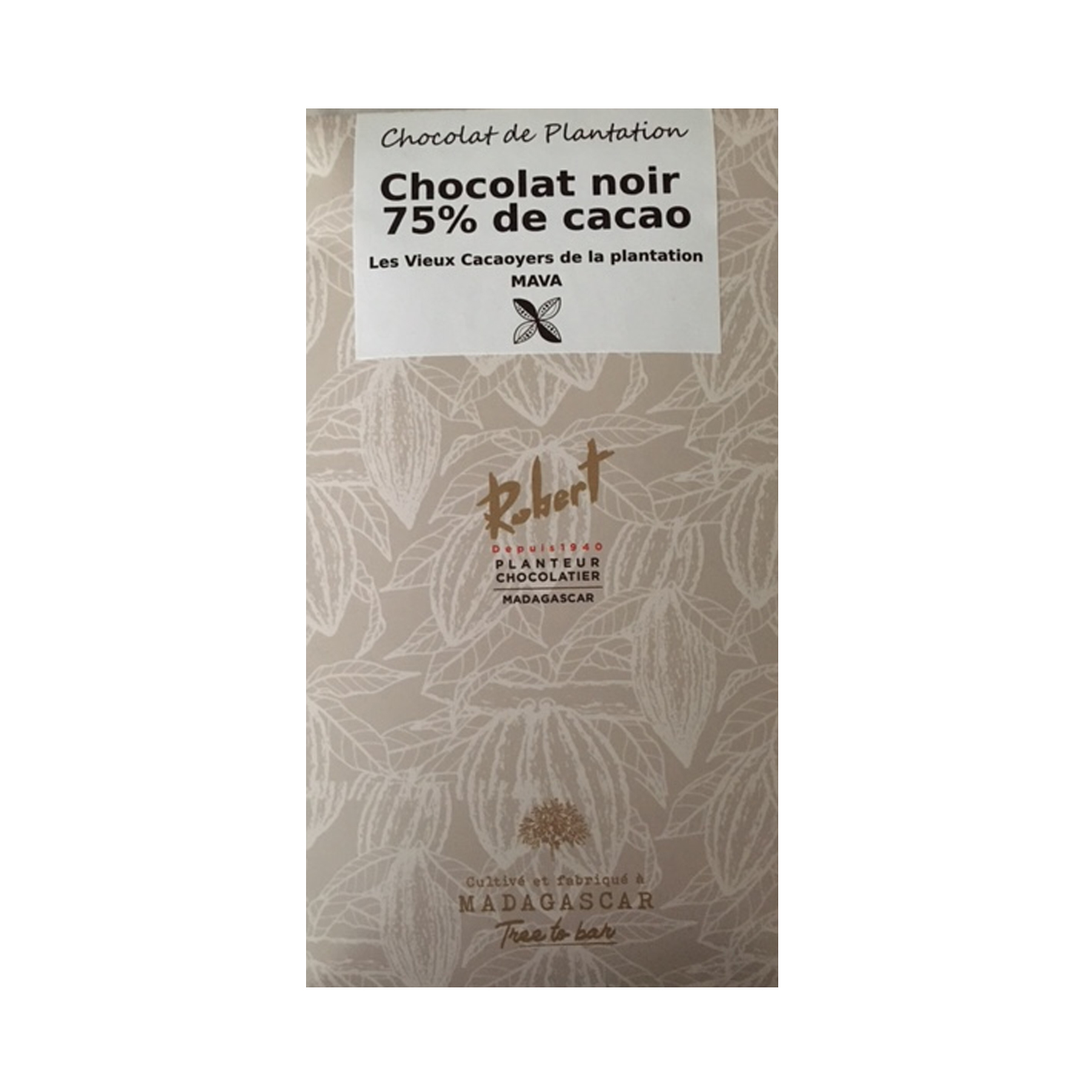 [TE04] Tablette de chocolat noir 75% "LES VIEUX CACAOYERS DE LA PLANTATION MAVA"