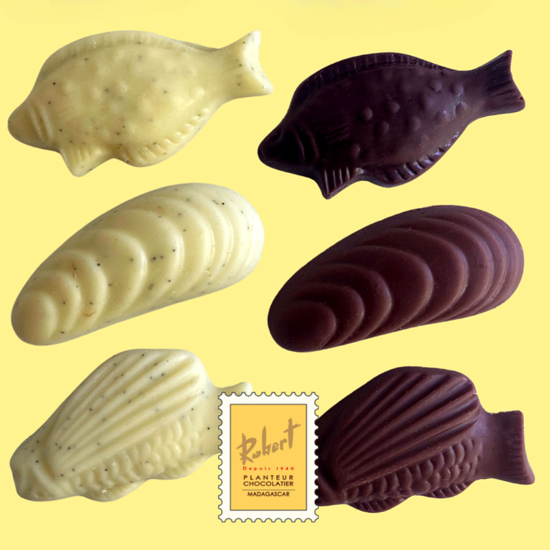 [PAQUES4] Assortiment de fritures de Pâques : chocolat noir, chocolat lait et chocolat blanc caviar de vanille - Pure origine Madagascar