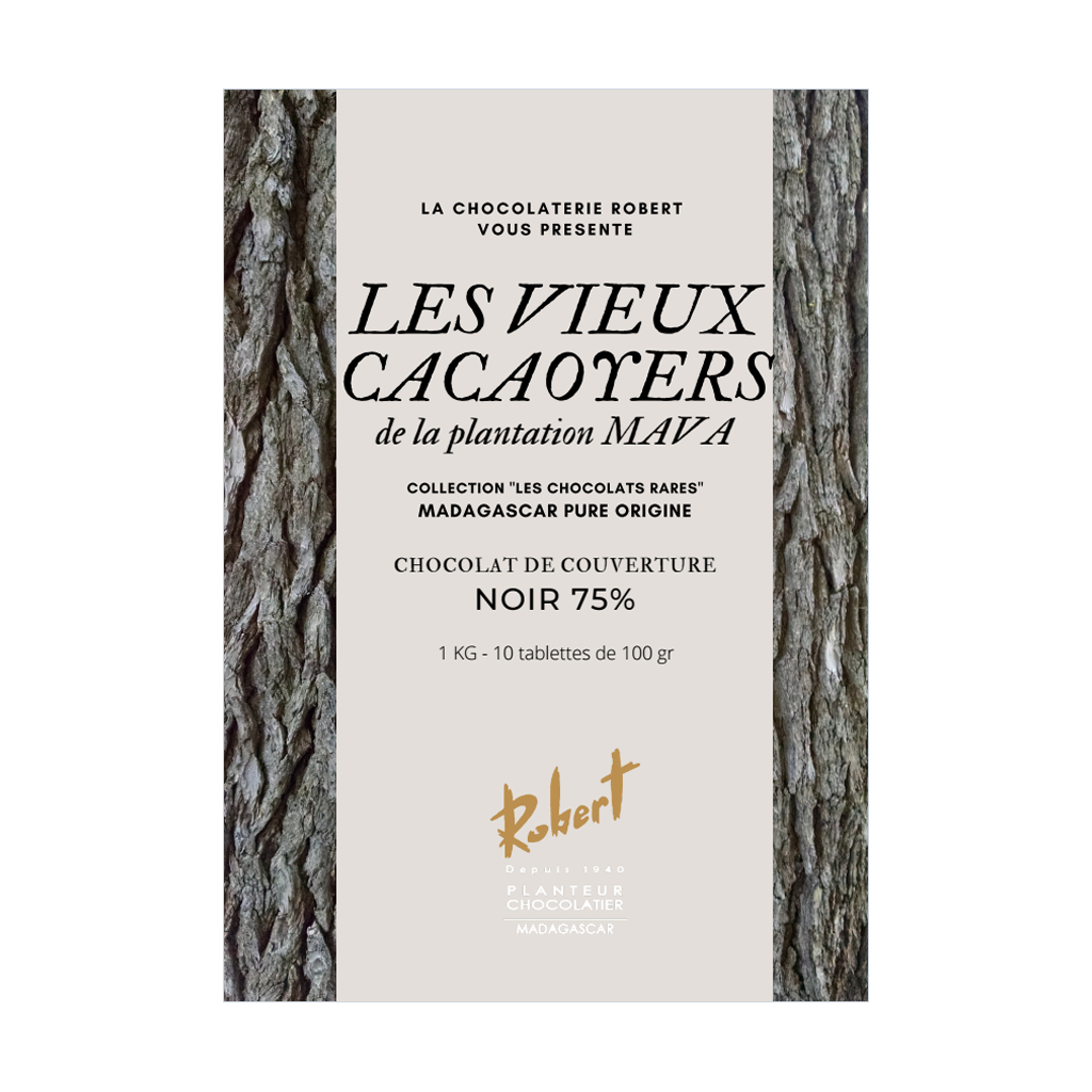 [CDE01] 1kg de chocolat de couverture noir 75% LES VIEUX CACAOYERS DE LA PLANTATION MAVA - Collection &quot;Les chocolats rares&quot;